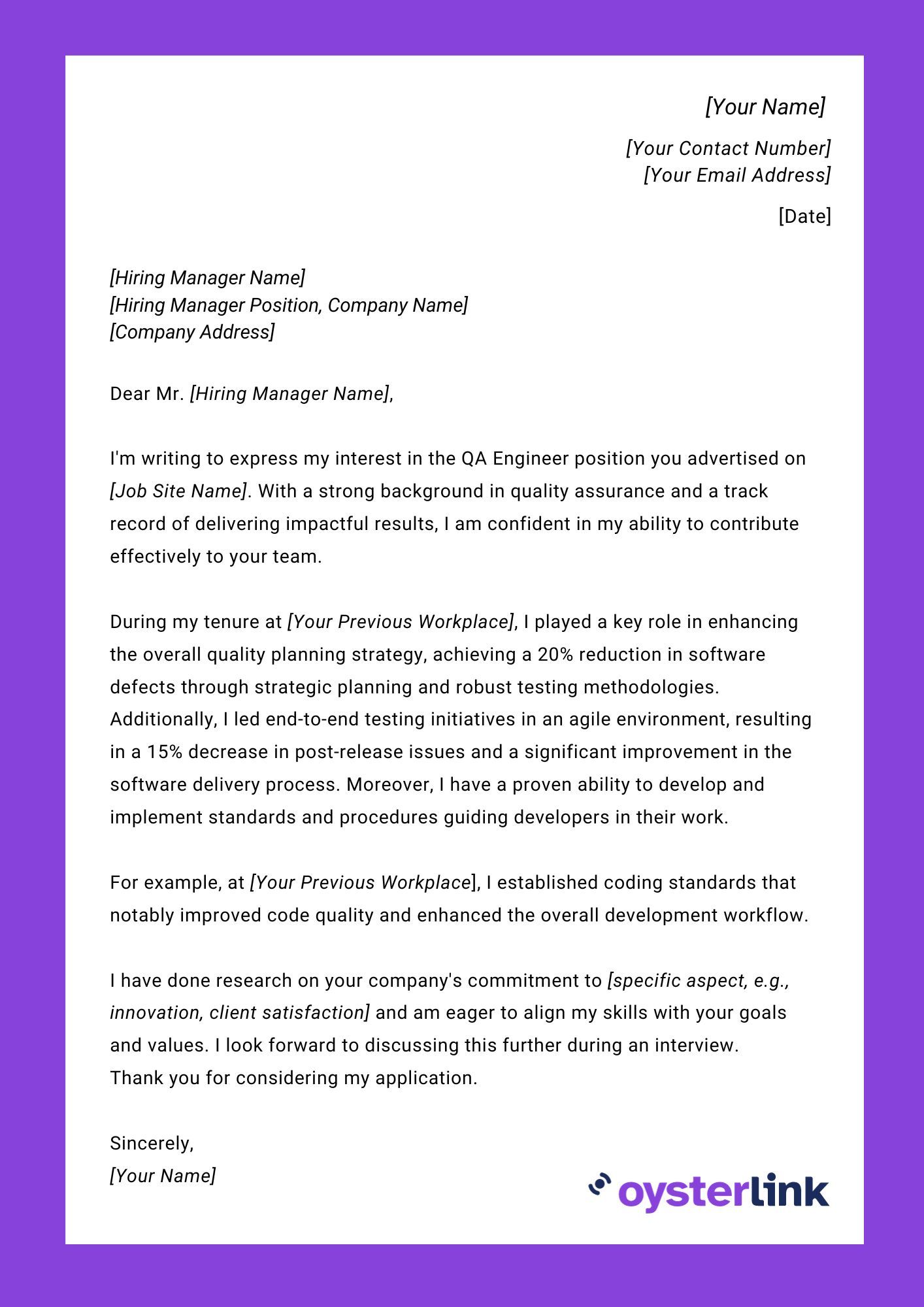 A cover letter tailored for a QA Engineer position, featuring a formal tone with a concise introduction, emphasis on relevant testing expertise and detailed work experience