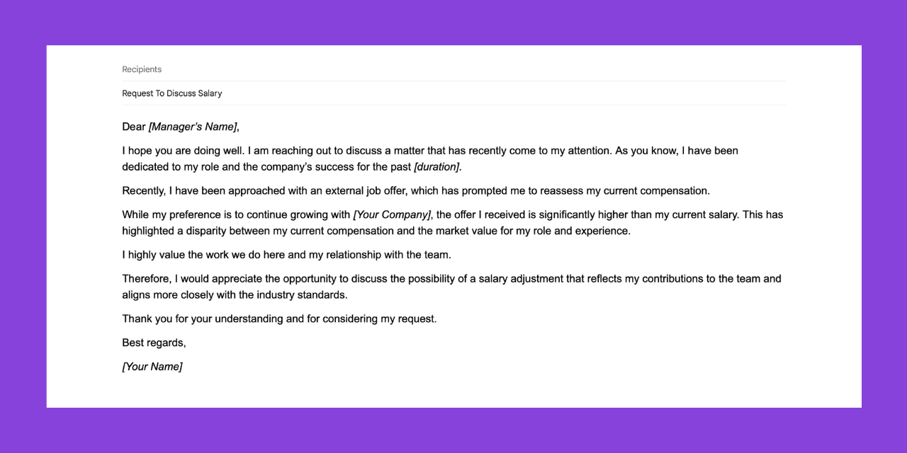 Email template of how to ask for more money at work by using better offer at another company