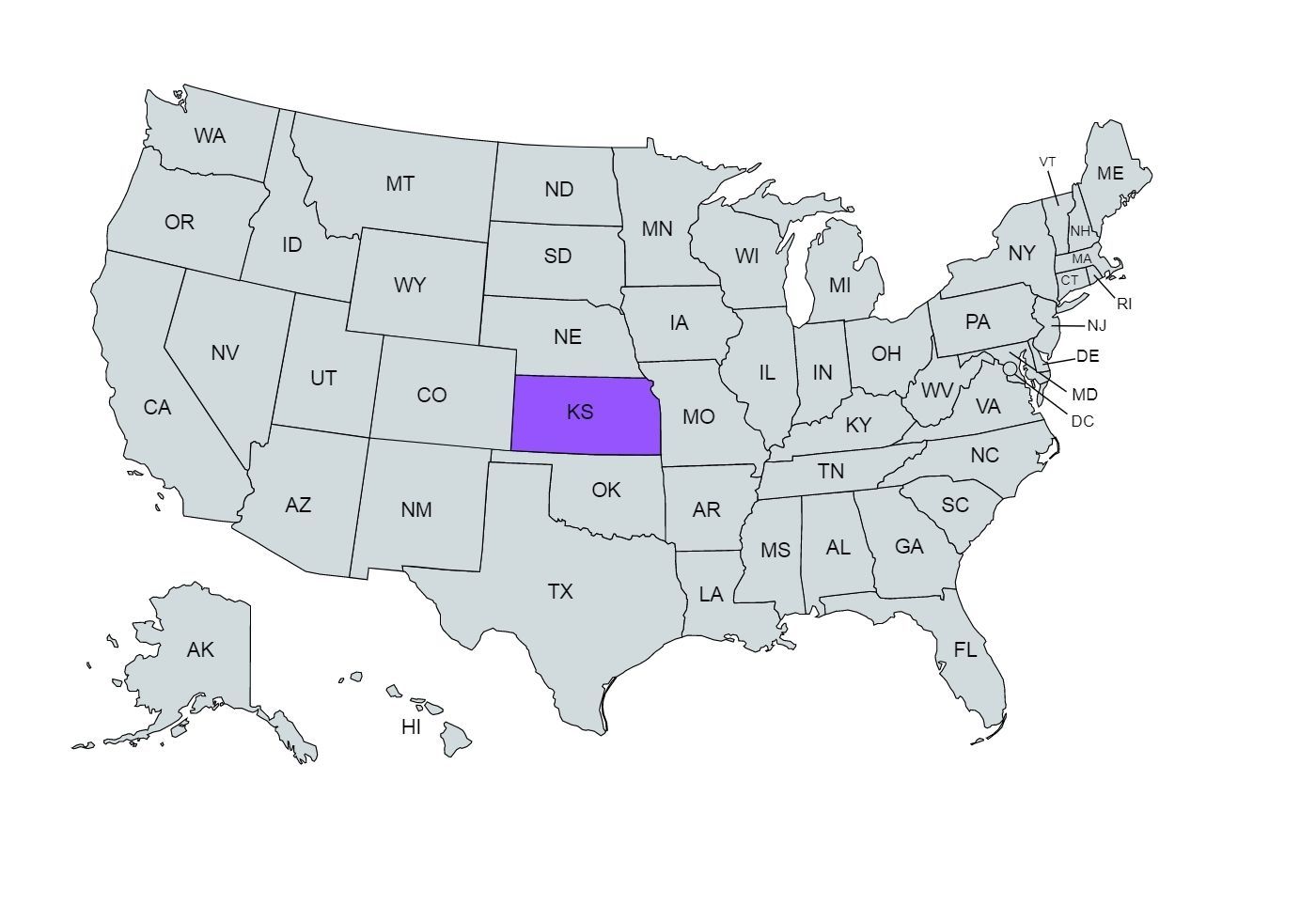 The US map with the Kansas state marked in purple