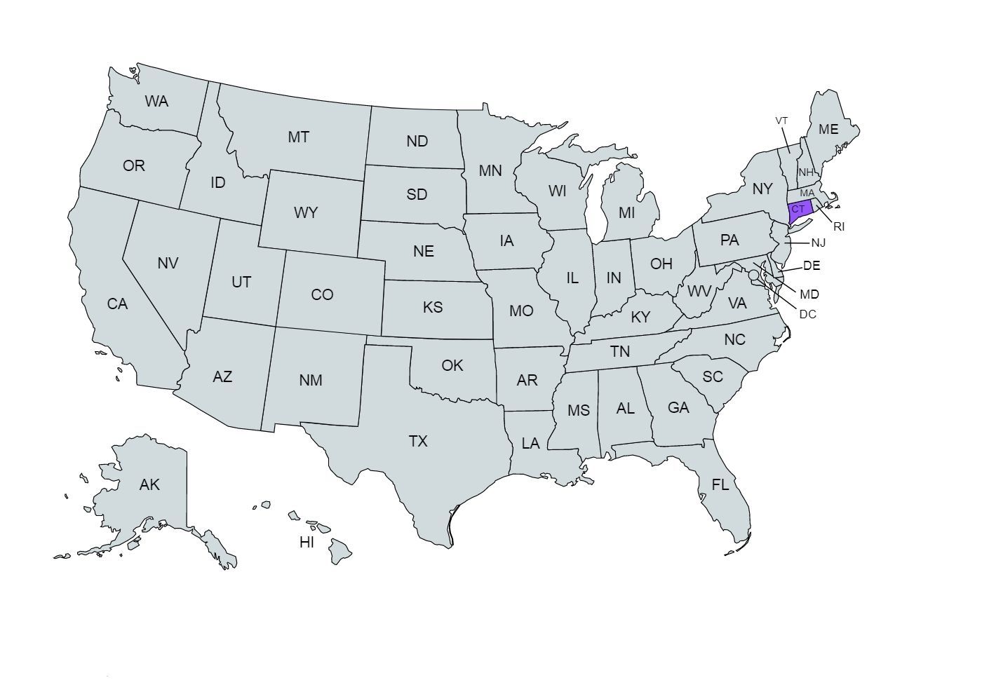The US map with the Connecticut state marked in purple