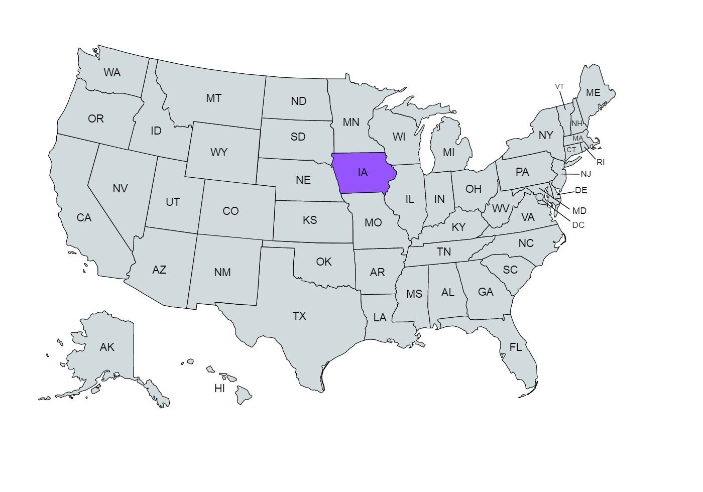 the US map with the Iowa state marked in purple