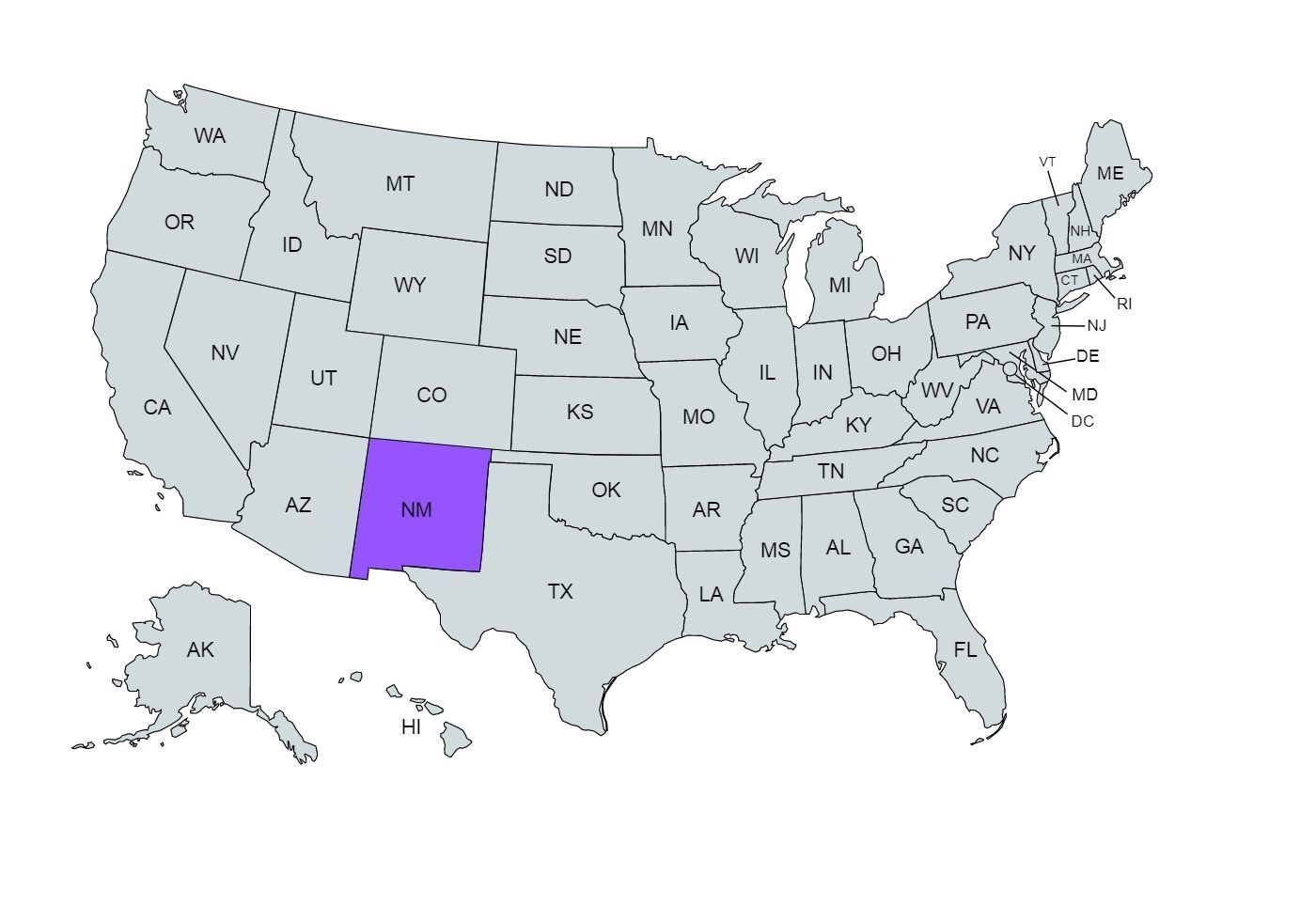 The US map with the New Mexico state marked in purple