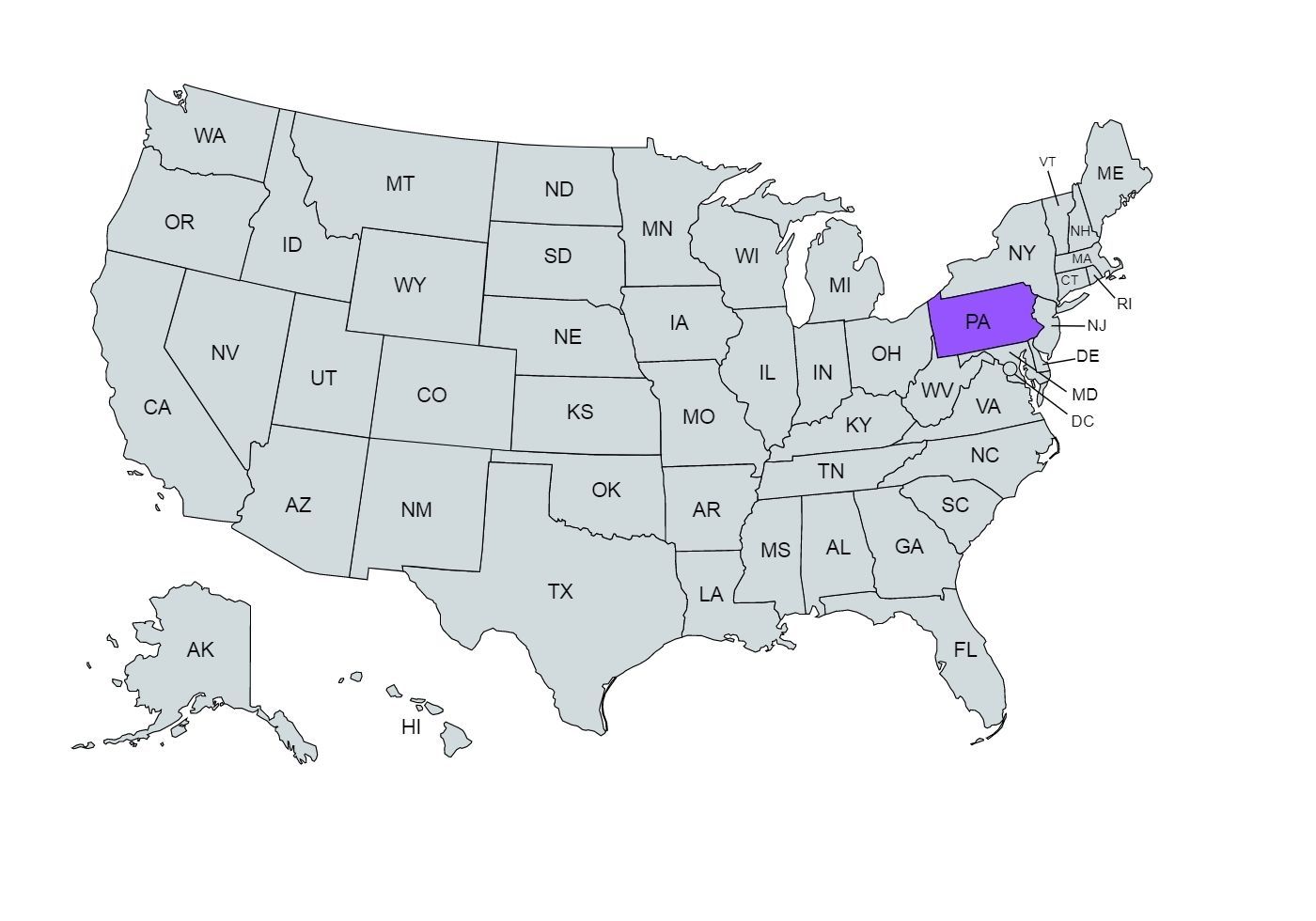 The US map with the Pennsylvania state marked in purple