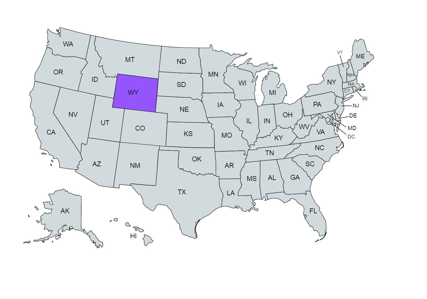 The US map with the Wyoming state marked in purple