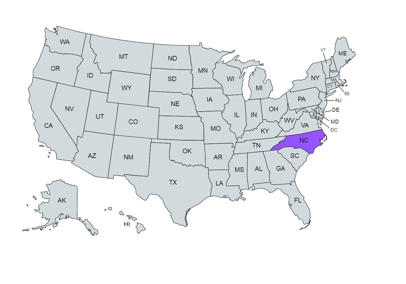 The US map with the North Carolina state marked in purple