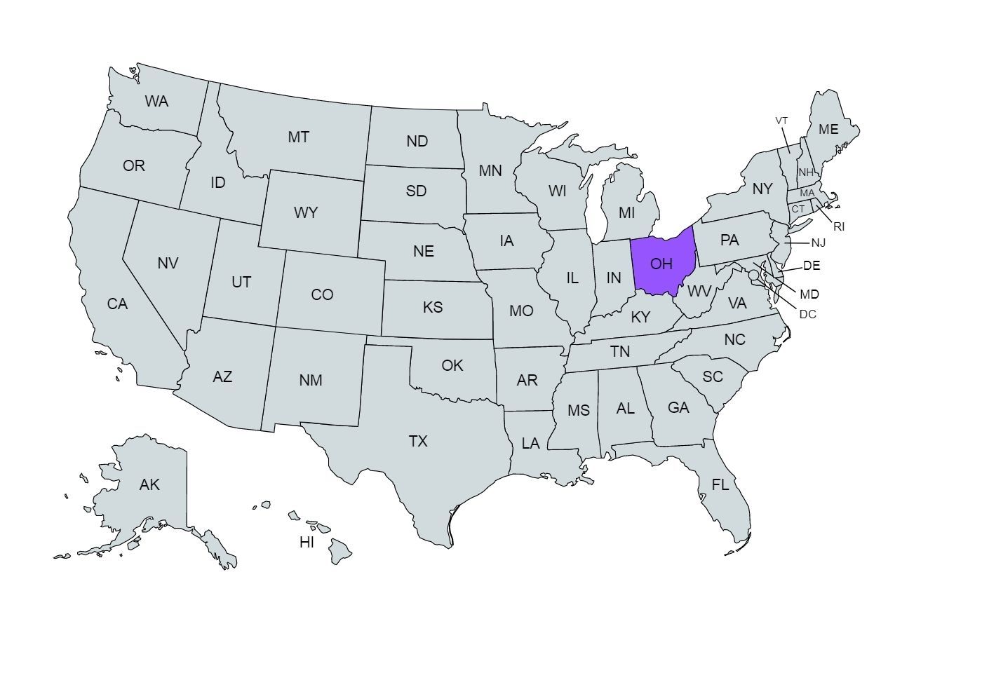 The US map with the Ohio state marked in purple