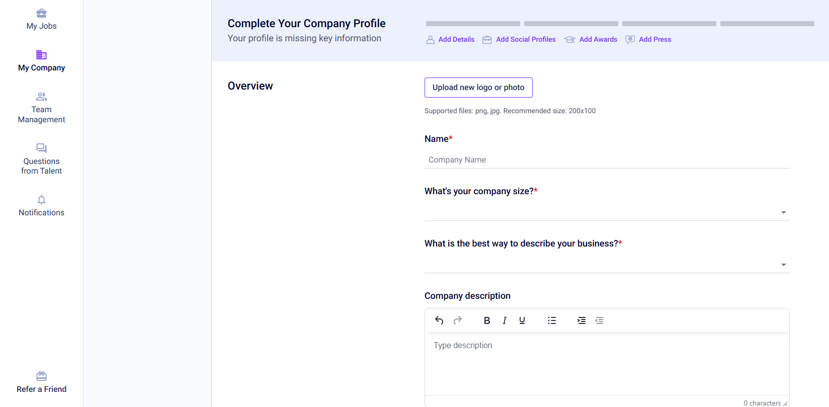 company dashboard page