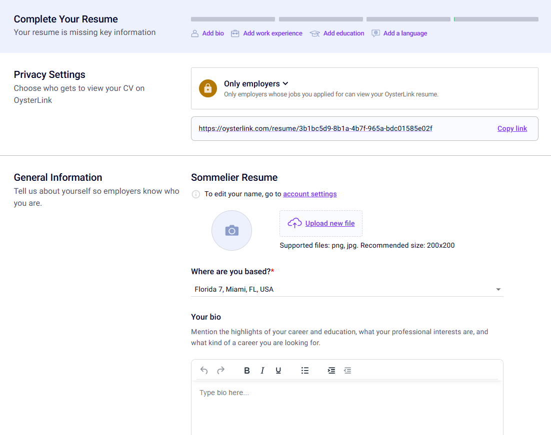 sommelier resume builder oysterlink