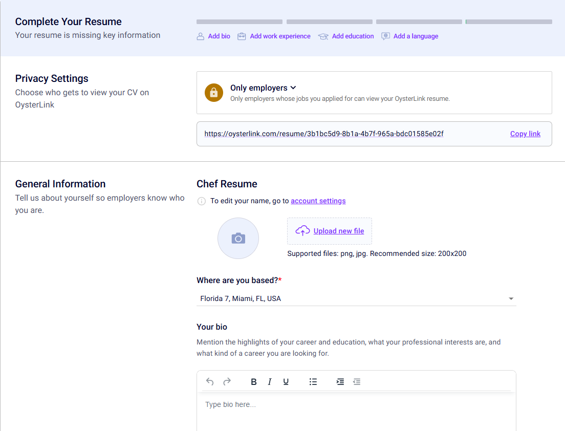 oysterlink chef resume builder