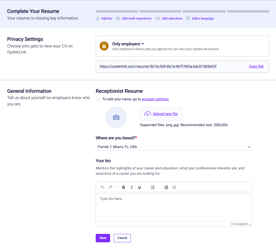 oysterlink receptionist resume