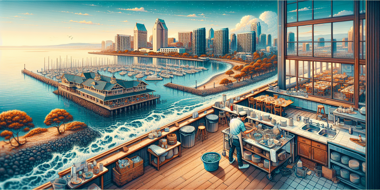 Dishwasher working in a busy restaurant kitchen in San Diego